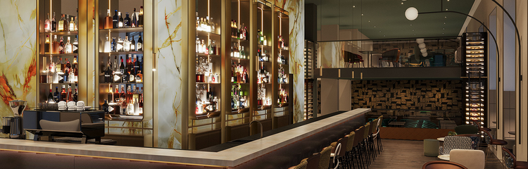 Hotel Wien Staatsoper Rendering Bar Hotel Wien Staatsoper The Cloud One Rendering Bar mit Theke, bequemen Barhockern und warmem Licht. Regale mit Spirituosen hinter der Bar schaffen ein einladendes Ambiente für entspannte Abende. Gemütliche Sitzbereiche ergänzen das stilvolle Interieur.