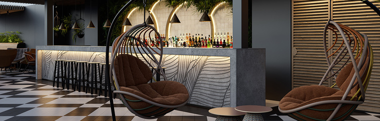 Moderner Hotelbarbereich mit beleuchtetem Tresen, stilvollen Hängehockern aus Rattan und gemütlicher, eleganter Atmosphäre für entspannte Abende und gesellige Treffen.